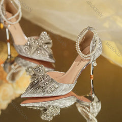 LBSFY -Spring Summer Fashion Pointed Toe Sandals Women's Rhinestone Pearl Butterfly Gold Silver High Heels Party Wedding Heeled Shoes