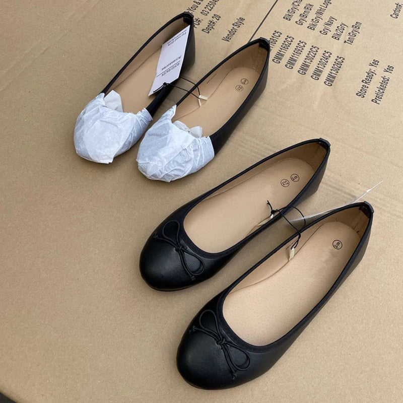 LBSFY -Spring Autumn Elegant Bowknot Ballerina Flat Women's Round Toe Comfort Slip-On Ladies Loafers Leather Single Mules Shoes