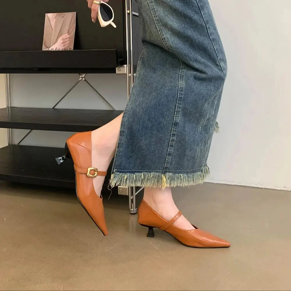 LBSFY  -  Pointed Toe Women Pumps Shallow Slip On Belt Buckle Thin Mid Heels Black Brown Red 2024 New Arrivals Dress Work Pumps Size 35-39