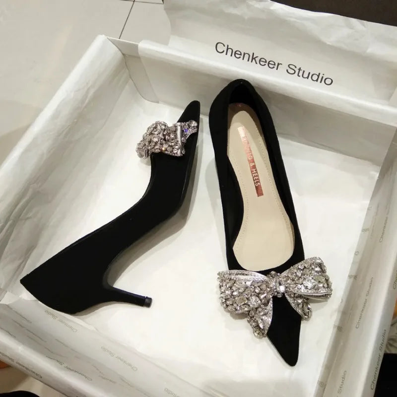 LBSFY -New Fashion Bowknot Pointed Toe High Heels Pumps Women's Stiletto White Pearl Bridal Wedding Shoes Banquet Party Dress Shoes