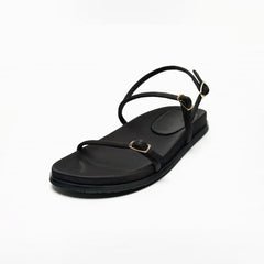LBSFY  - Ankle Straps Black Flip Flops For Women Summer Casual Round Toe Buckled Flat Sandals Fashion Back Strap Shoes Beach Slipper