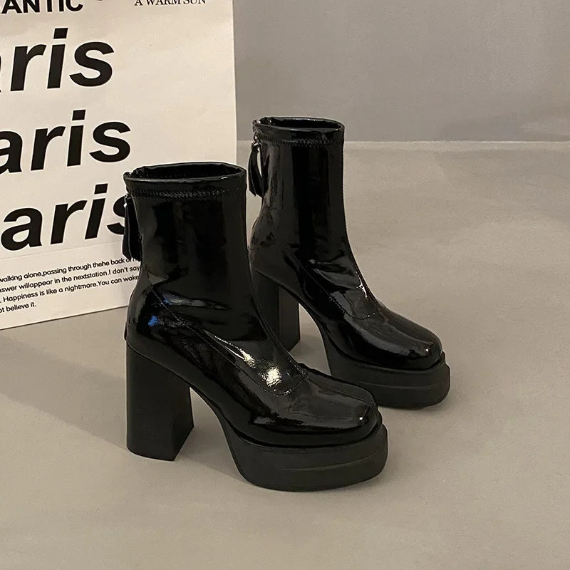 LBSFY  -  Platform Boot Shoes for Women Modern Western Black Femme Botas Punk Goth Female Winter High Heeled Shoes Round Toe Heels Botines