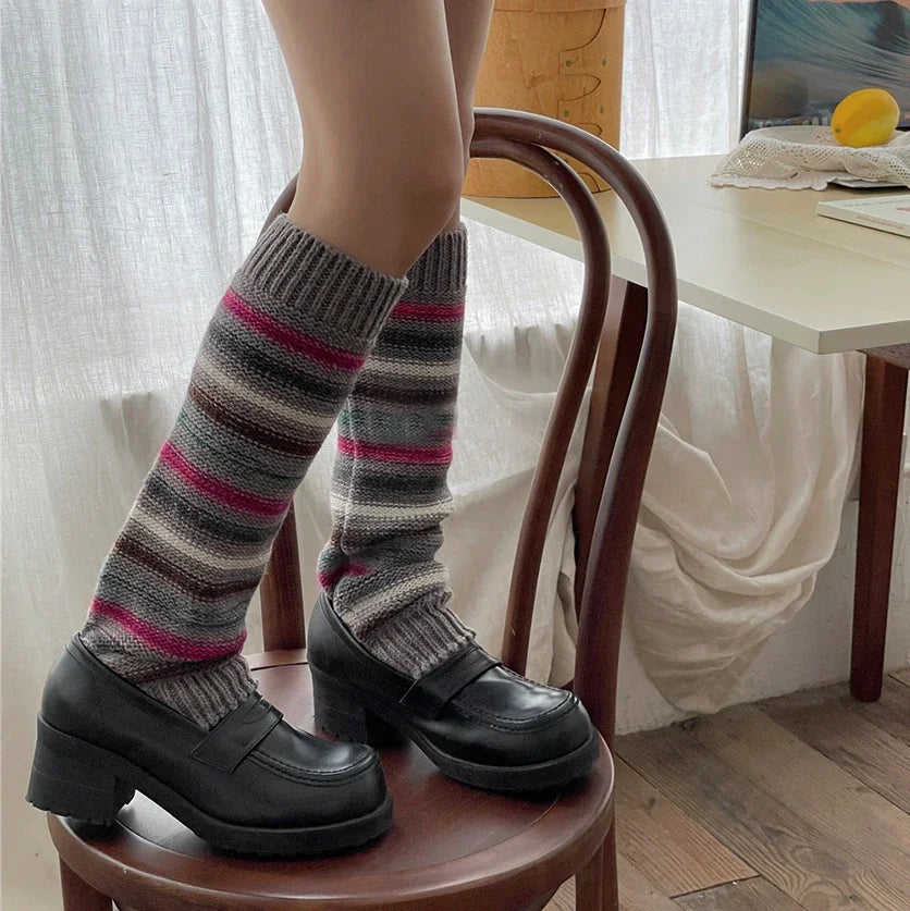 Lbsfy Vintage Striped Wool Leg Socks Harajuku Hot Girl Beggar Leg Warmers Y2k Punk Knitted Leg Cover Japanese Accessories