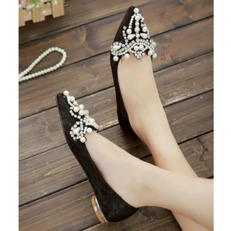 LBSFY -New Crown Pearl soft Flats Wedding Shoes Pointed Toe Women Dress Moccasins Low Pearl Heel Ladies Fashion Luxury plus size 43
