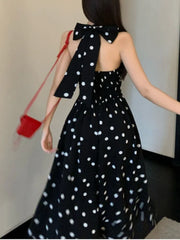 LBSFY -Dot Chic Retro Elegant French Style Polka Sling Dresses Bow Backless Slim Waist Halter-neck Split Dress Spring Summer 2025 New
