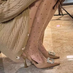 LBSFY  -  Nude colored pointed high heels, new French style socialite real leather bun toe thin heels, back hollow rhinestone sandals