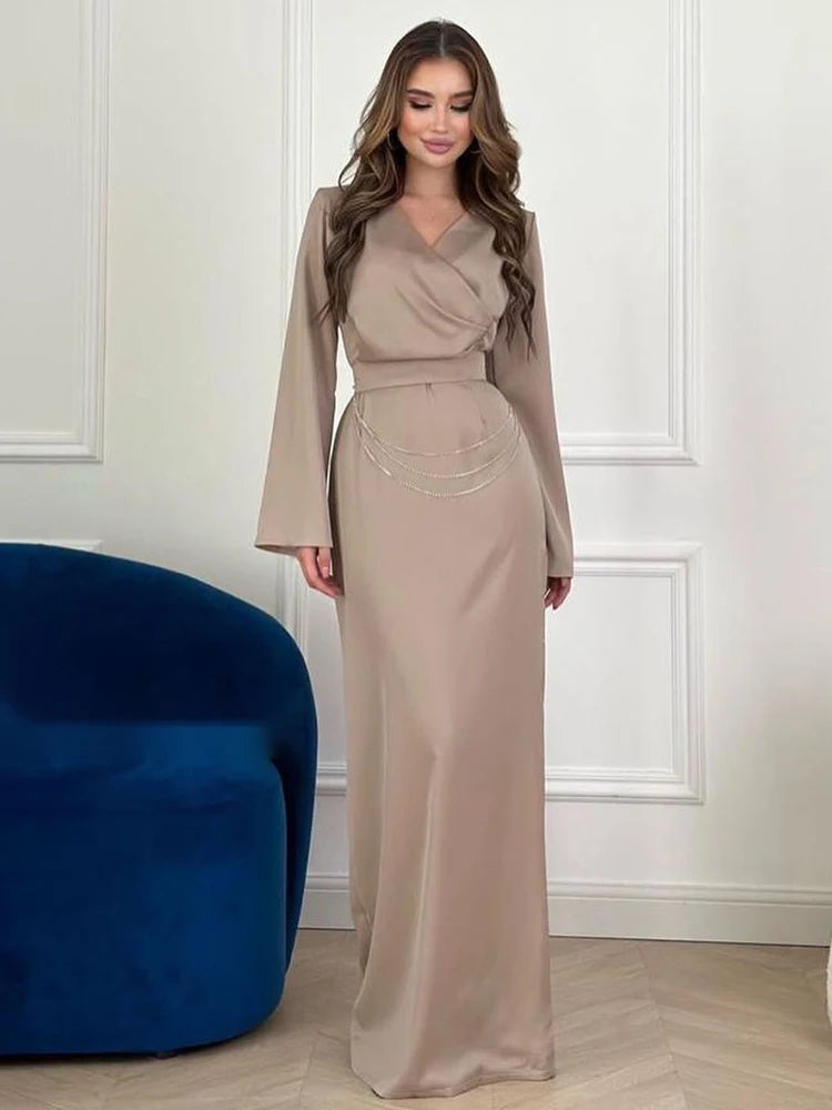 LBSFY  -   Long Sleeve Maxi Dress Women V Neck Flare Sleeve Long Dress Female Slim Elegant Party Dress Women Metal Chain Solid