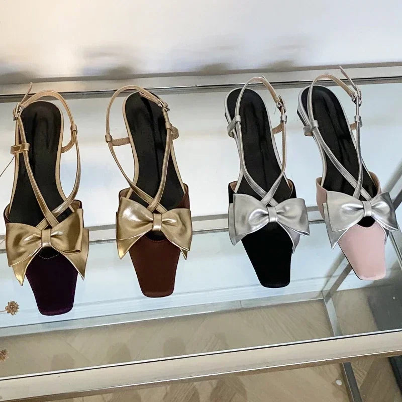 Lbsfy Sweet Butterfly-knot Low Heel Mules Women Shallow Elegant Dress Shoes Female Comfy Cross-tied Square Toe Slingback Sandals Women
