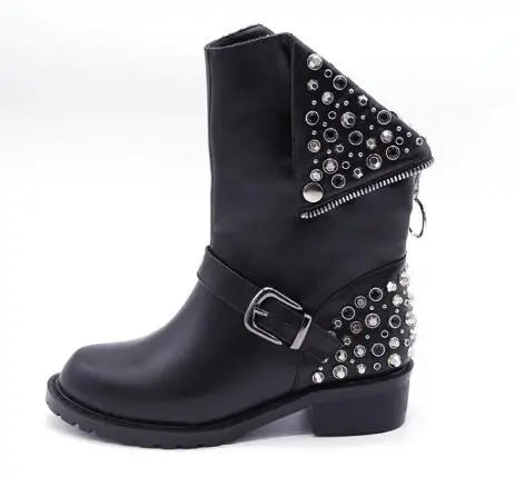 LBSFY  -  Punk Girls Black Matte Leather Round Toe Crystal Rhinestone Rivet Zipper Back Buckle Med Heels Mid-calf Boots Women Short Boots
