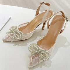 Lbsfy Lace String Bead Thin High Heels Women Pointed Toe Bowknot Party Dress Shoes Hollow Breathable Mesh Slingbacks Sandals Women