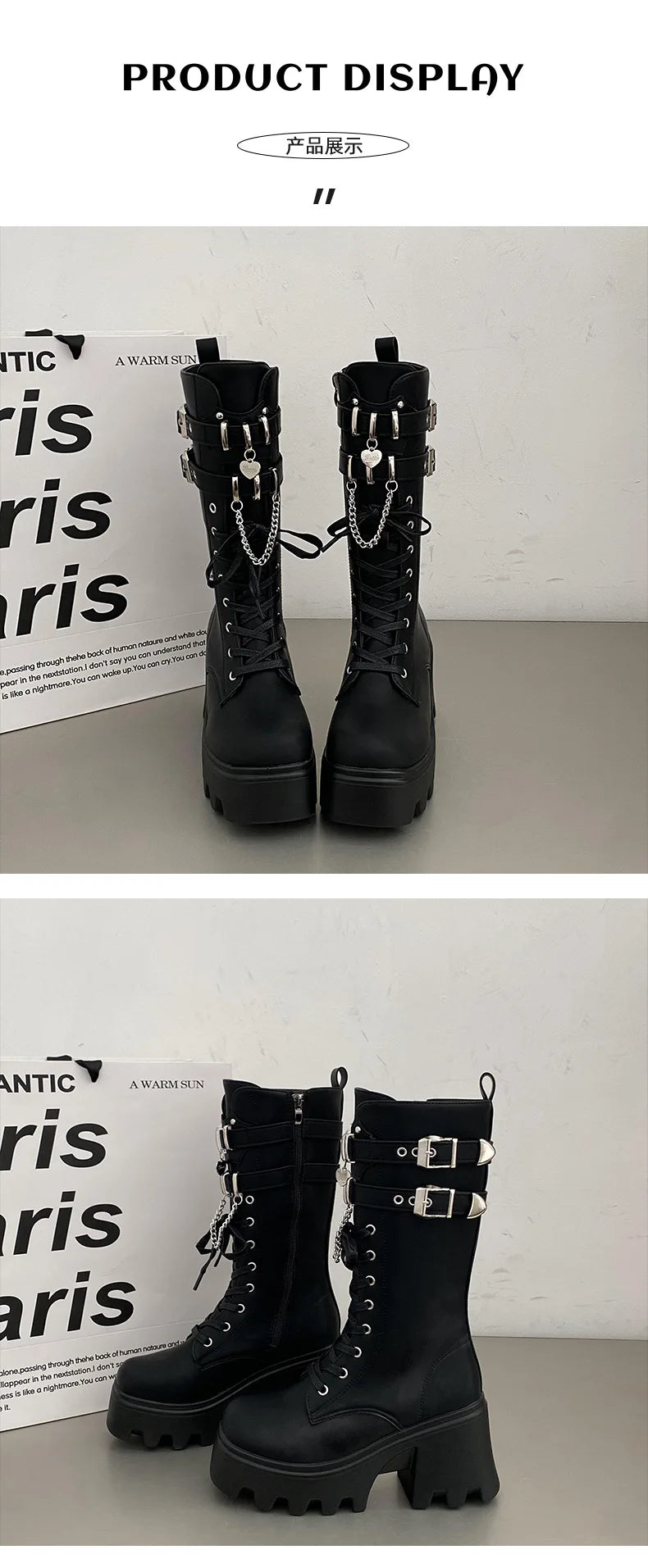 LBSFY -Women's Punk Gothic Boots 2025 Fashion Buckle Chain High Heels Mid Calf Boots Women Black Pu Leather Plus Size 42 Autumn Botas