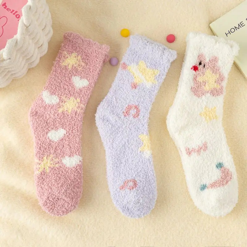 Lbsfy Socks Women Winter Warm Fluffy Fuzzy Cute Middle Tube Thick Thermal Soft Coral Fleece Floor Sleep Cartoon Star Short Crew Socks
