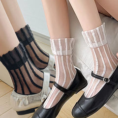 Lbsfy Sweet Lace Socks Women Girls Summer Mesh Crew Ankle Sock Crystal Vertical Stripes Stripes Streetwears Silk Ultra Thin Stockings