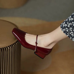 LBSFY -Elegant High Heels French Dress Party Shoes for Woman Platform Patent Leather Mary Jane Burgundy Black Square Toe Mid-heel Pumps