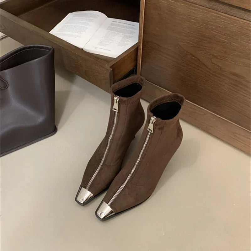 LBSFY  -  Metal Pointed Short Boots Autumn/Winter Thin Heel Front Zipper High Heel Imitation Suede Ankle Boots Short Heel Woman Shoes35-39