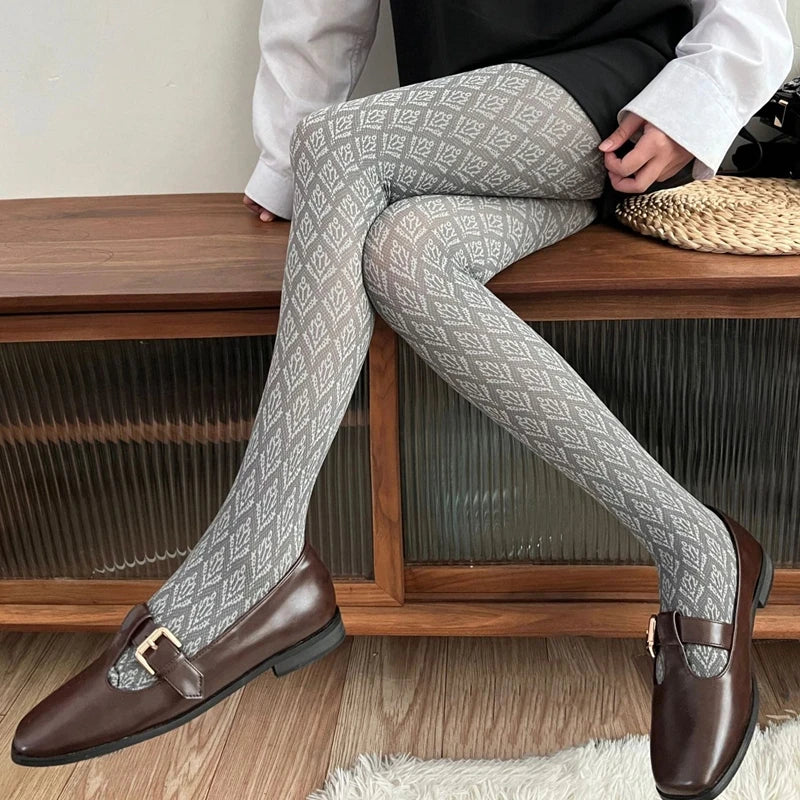 Lbsfy Retro Comfortable Velvet Women Tights Winter Autumn Jacquard Geometric Pantyhose Slimming High Elasticity Preppy Style Leggings