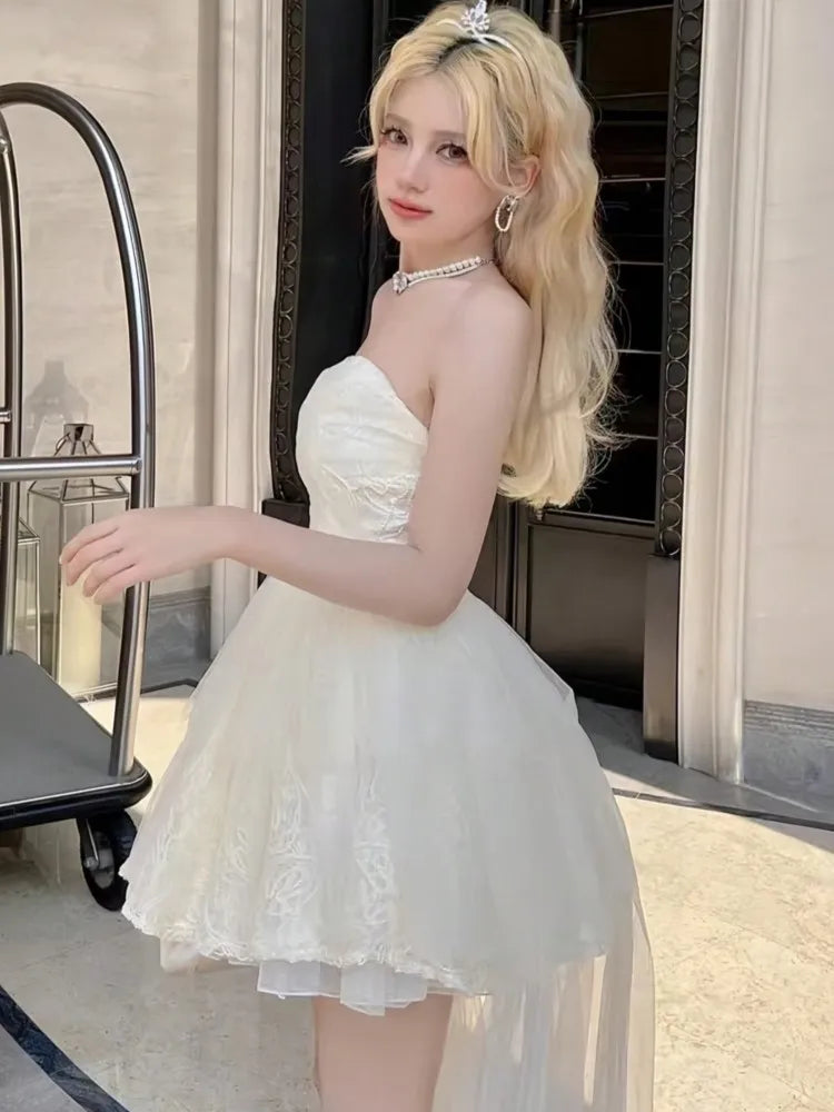LBSFY -Mesh Patchwork Vintage Elegant Solid Chic Mini Dress Women Fashion Party Birthday Princess Dresses Female Clothes Spring Summer