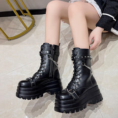 LBSFY  -  Autumn Winte Punk Halloween Witch Cosplay Platform High Wedges Heels Black Gothic Boots Women Shoes Big Size 42 Rivet Shoe