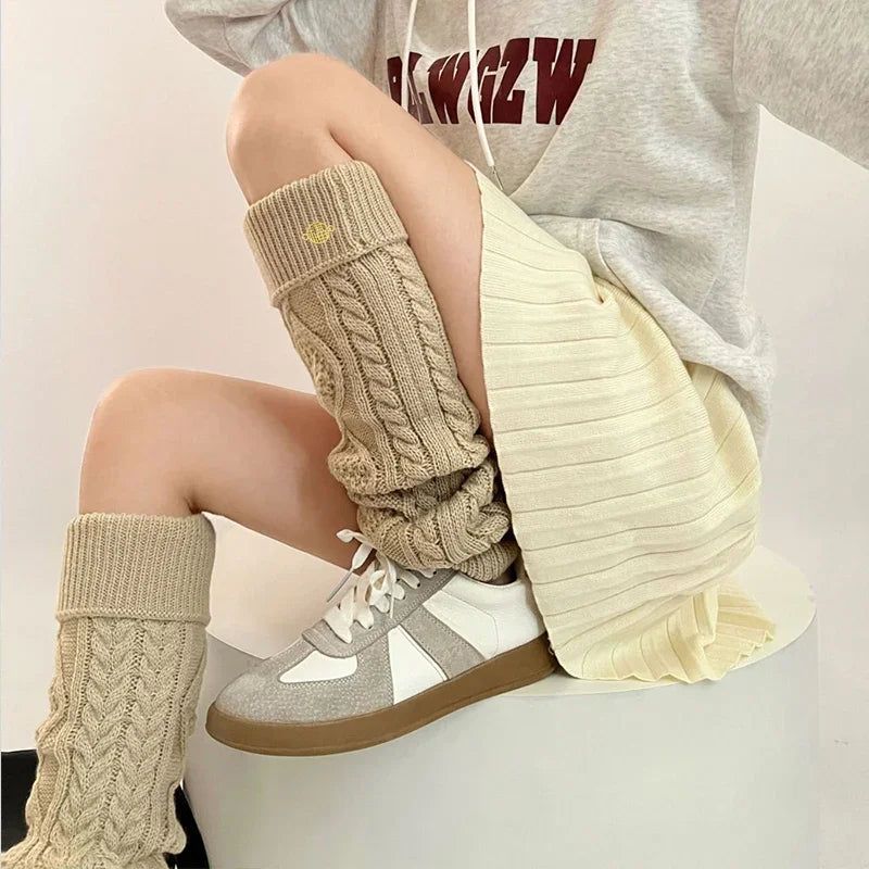 Lbsfy Korea Wool Knitted Leg Warmers Metal Label Women Calf Socks Vintage Winter Y2K Japanese Harajuku Pile Long Socks Leg Covers