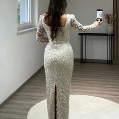 LBSFY  - Beading Pearls Wedding Dress Square Collar Long Sleeves vestidos de noche Rear Forks