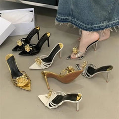 LBSFY -Summer Design Metal Flower Narrow Band Pointed Toe Women Slippers Thin Heels Party Prom Slide Shoes Zapatillas De Mujer