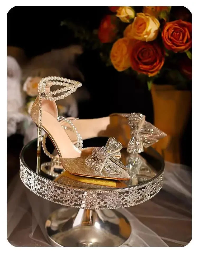 LBSFY -Spring Summer Fashion Pointed Toe Sandals Women's Rhinestone Pearl Butterfly Gold Silver High Heels Party Wedding Heeled Shoes
