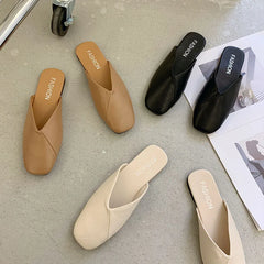 LBSFY  -  Women Mules 2024 Summer Elegant Square Closed Toe Flat Slippers Female Shoes Casual Leather Black White Slides Plus Size 35-41