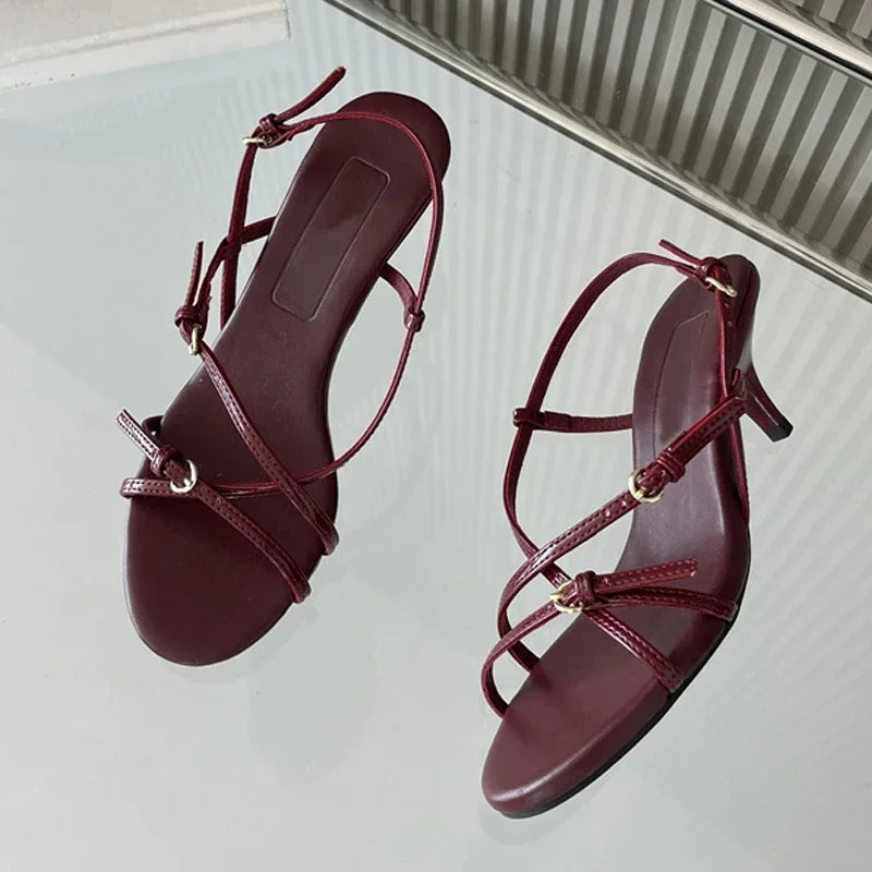 Lbsfy Summer Thin Heels Sandals Women Narrow Band Concise Open Toe Dress Shoes Ladies Buckle Elegant Fashion Footwear Female