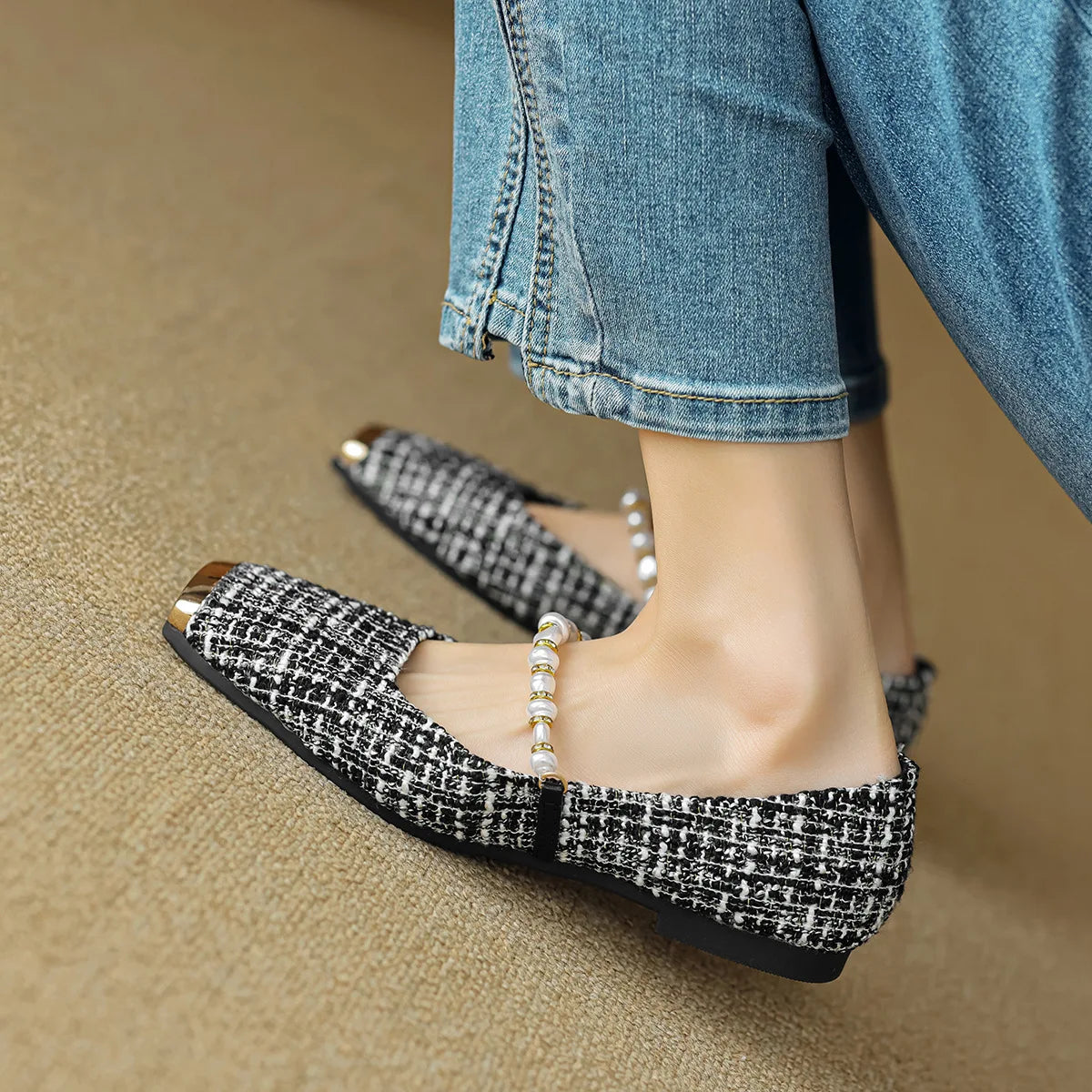 LBSFY -Elegant Tweed Cloth Ballet Shoes Ladies Square Metalic Toe Flats Pearl Beading Loafers Plaid Designer Office Dress Shoes Woman