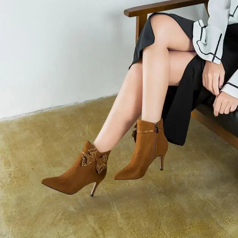 LBSFY  -  31-44 Pointed High Heels Large Size Women Short Boots Rhinestone Bow Black Woman Shoes Black