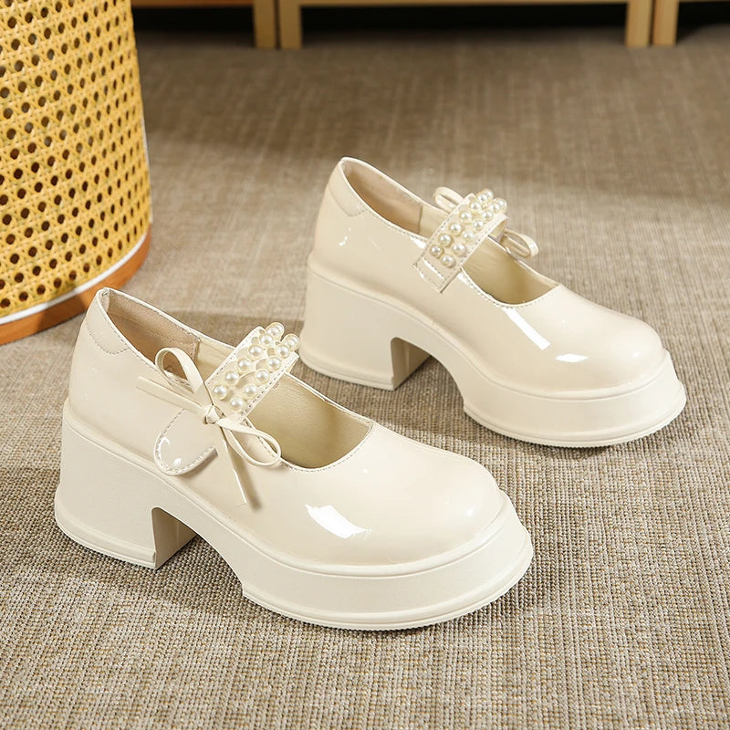 LBSFY -Vintage High Heels Mary Jane Shoes for Women 2025 Patent Leather Platform Pumps Woman Pearls Thick-Heeled Shoes Female