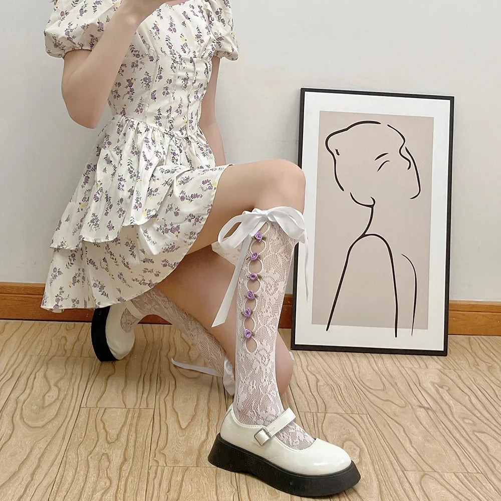 Lbsfy Cute Gothic Style Ruffles Hollow Bow JK Lolita Stockings Women Sexy Lace Mesh White Black Fishnet Knee High Long Socks Lingerie