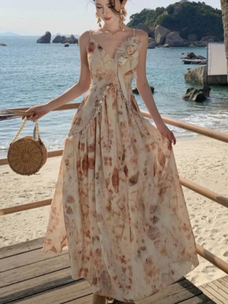 LBSFY -Summer Elegant Vintage Fashion Print Long Women's Dresses 2025 New French Party V-Neck Dress Casual Holiday Beach Fairy Vestidos