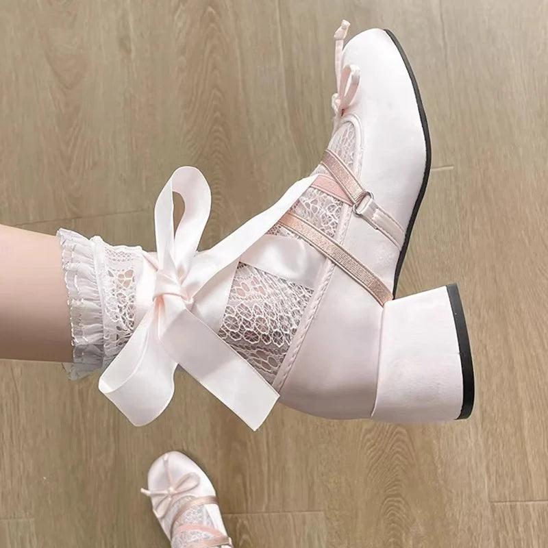 LBSFY -Lolita Cross Strap Pink Round Toe Shoes Ladies Sweet Butterfly Knot Med Heels Mary Janes Shoes Women Fashion Party Shoes Mujer