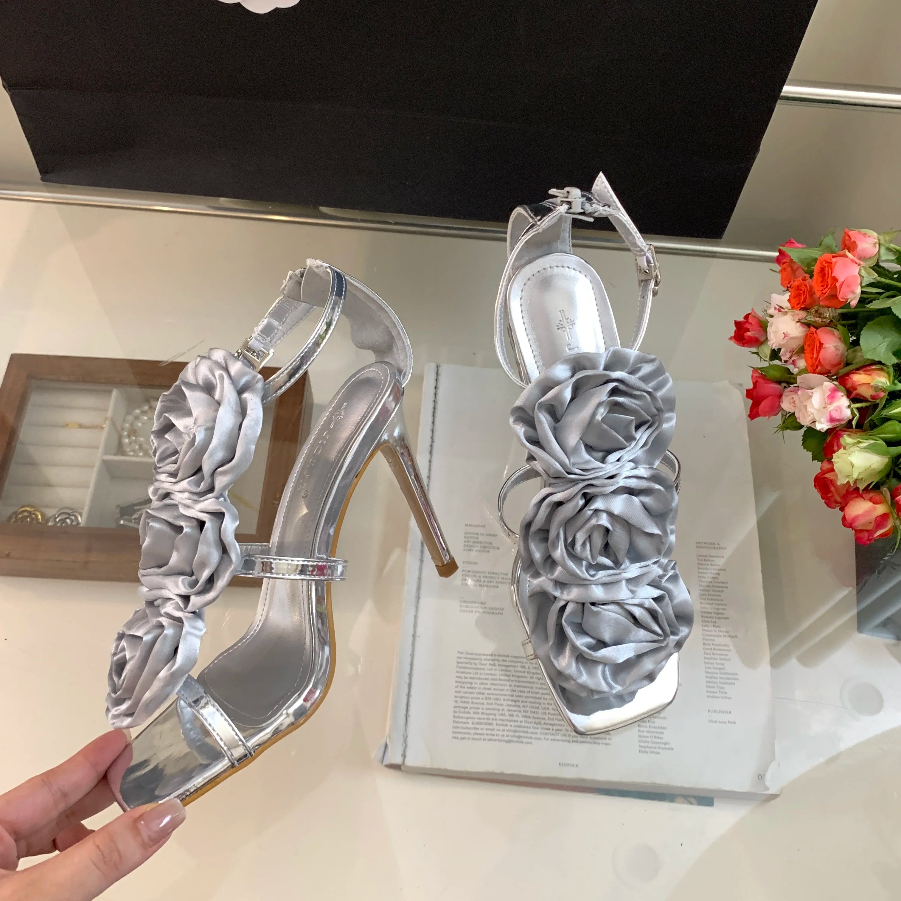 LBSFY  -  Flower Heeled Sandal Luxury Silk Rose Flower Open-toe Stiletto Women's Shoes Roman Sandals 35-40 Sizes High Heels
