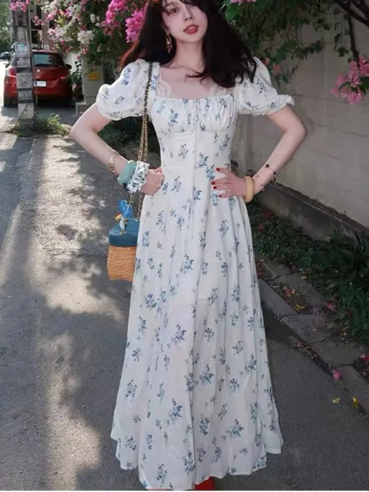 LBSFY -Women's French Print Dresses Casual New Elegant Vintage Square-Collar Floral A-Line Slim Puff-Sleeve Dress Holiday Summer Chic