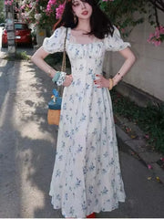 LBSFY -Women's French Print Dresses Casual New Elegant Vintage Square-Collar Floral A-Line Slim Puff-Sleeve Dress Holiday Summer Chic
