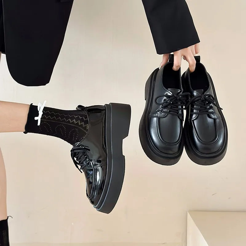 LBSFY  -  Retro British Style Black Loafers for Women Fashion Casual New Designer Platform Shoes Ladies PU Leather Lace Pumps Shoes Ladies