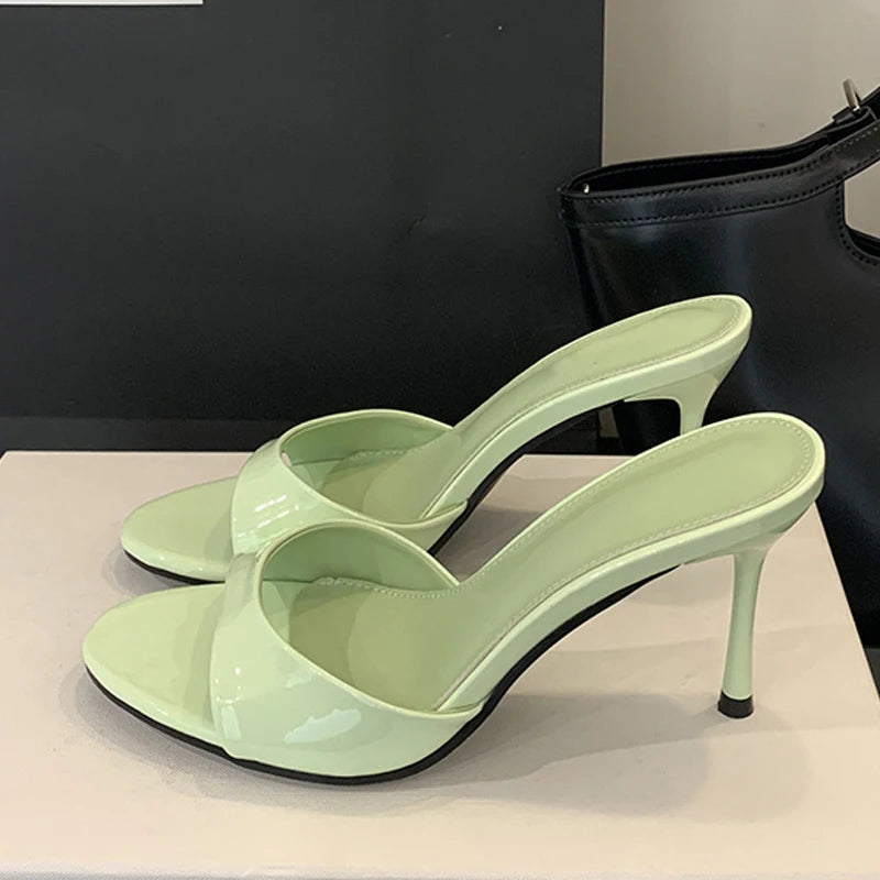 LBSFY  -Wine Red Patent Leather Women Slippers Sandals Fashion Round Open Toe Thin High Heels Mules Slides Summer Party Dress Shoe