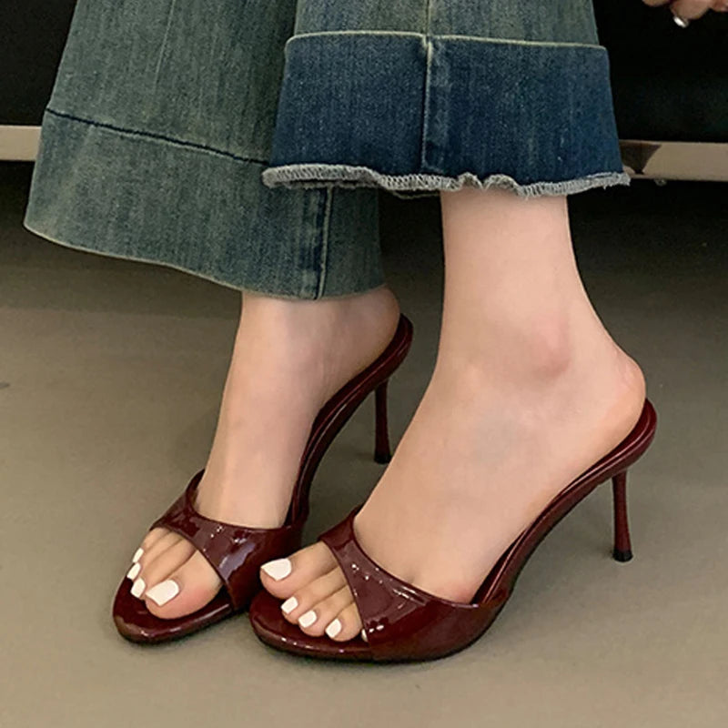 LBSFY  -Wine Red Patent Leather Women Slippers Sandals Fashion Round Open Toe Thin High Heels Mules Slides Summer Party Dress Shoe