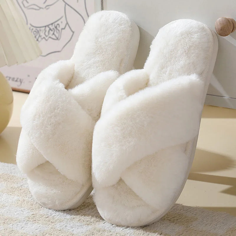 LBSFY  -  Fashion Cross Strap Fur Slippers Women Comfort Soft Long Plush Winter House Slides Woman Peep Toe Faux Fur Warm Cotton Slippers