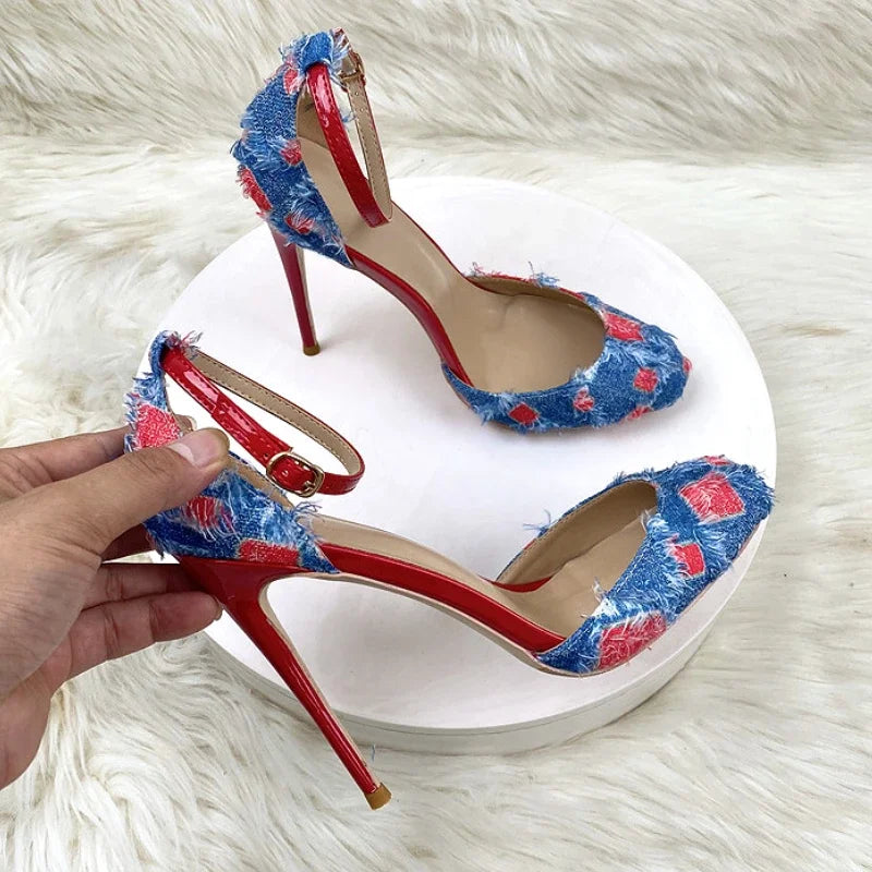 LBSFY  -  Sexy Designer Thin High Heels Women Round Toe Denim Striptease Party Banquet Shoes Height 12cm Hollow Luxury Brand Sandals Women