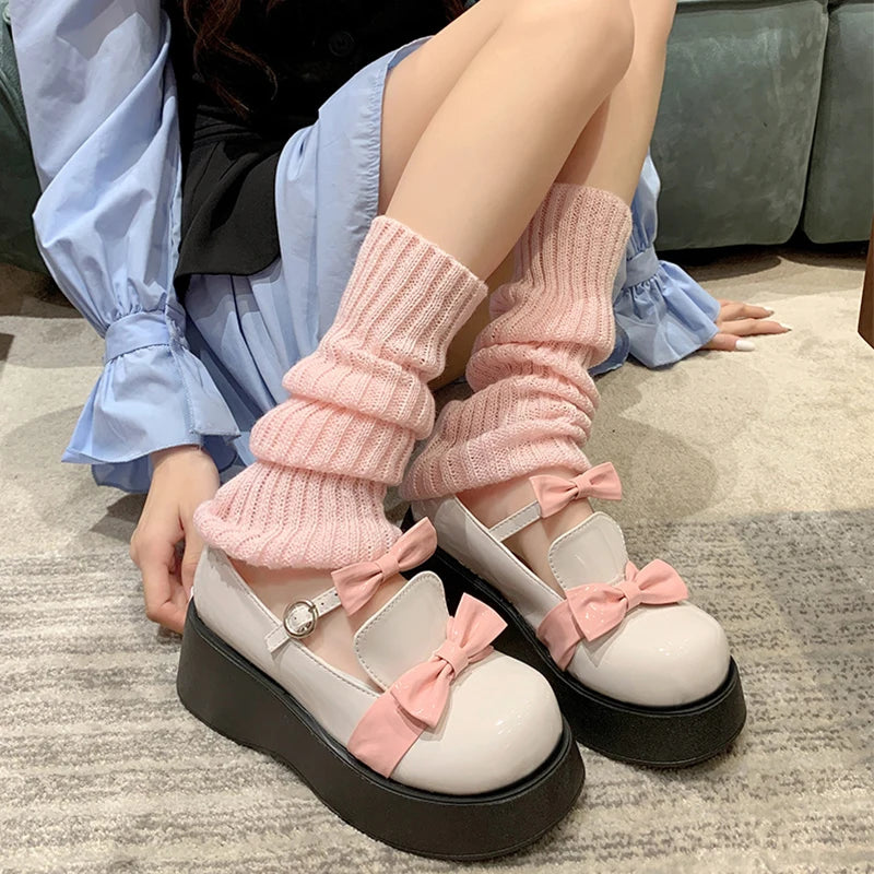 Lbsfy A Pair Of knitted JK Socks For Women White Black Pink Blue Kawaii Long Calf Socks Leg Covers Autumn And winter Warm Lolita Socks