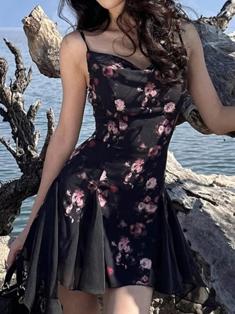 LBSFY -Summer Elegant Print Chic Ruffle Short Dress V-Neck Concert Strap Chiffon Party Dresses Women Spliced Graduation Clothes 2025