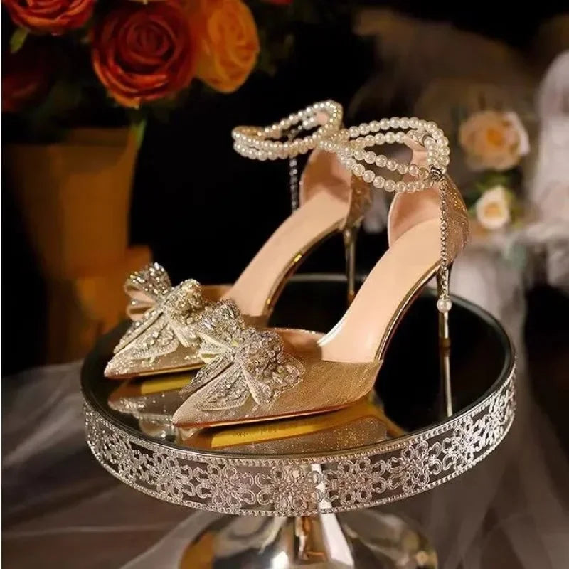 LBSFY -Spring Summer Fashion Pointed Toe Sandals Women's Rhinestone Pearl Butterfly Gold Silver High Heels Party Wedding Heeled Shoes