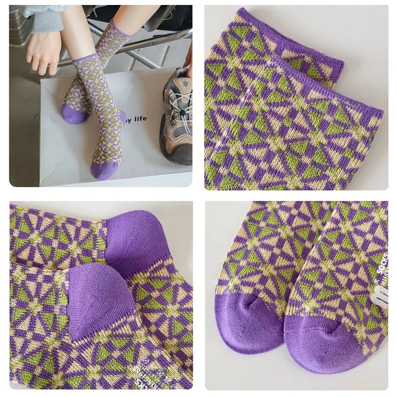 Lbsfy Winter Purple Series Socks for Women Fashion Double Needle Middle Tube Sock Commuter Trendy Geometric Socks Stripes Female Sox