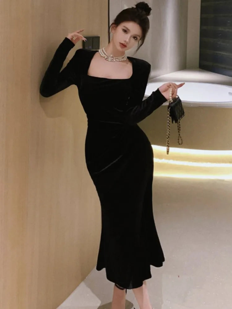 LBSFY -Elegant Solid Velvet Mermaid Dress for Women Vintage Chic Square Collar Bodycon Evening Party Dresses Female Slim Vestidos Mujer
