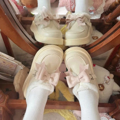 LBSFY  -  Cute Lolita Shoes for Women Warm Add Velvet Black Bow Tie White Round Toe Chic Kawaii Hairy Platform Womens Casual Shoes
