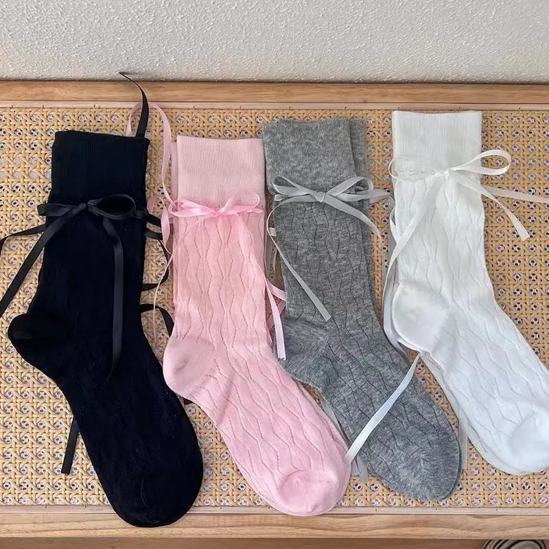 Lbsfy Women's Socks Lolita Trendy Socks Lace Style New Solid Color Spring Summer Thin Ballet Princess Bow Mid Tube Stacked funny Socks