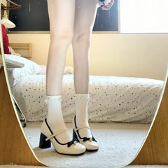 LBSFY -2025 Women's Bow Design Round Toe Low Heel Shoes Cute Girly Style Autum Pu Leather Mid-Heel Lolita Shoes